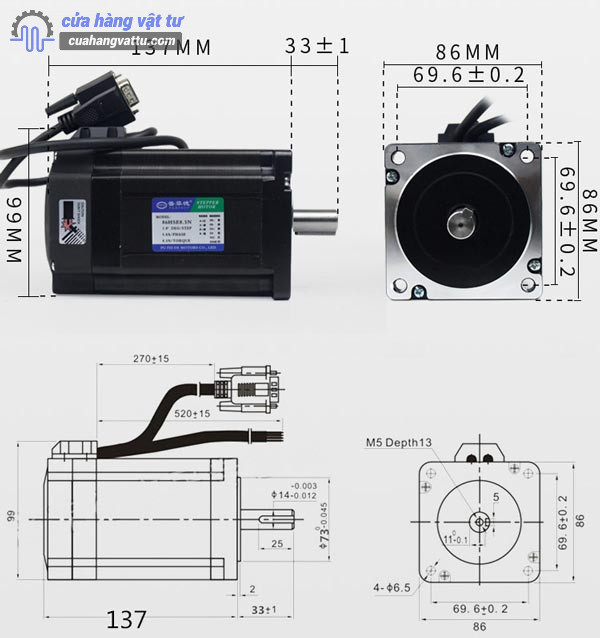 bản vẽ kích thước động cơ hybrid servo 86 8.5Nm