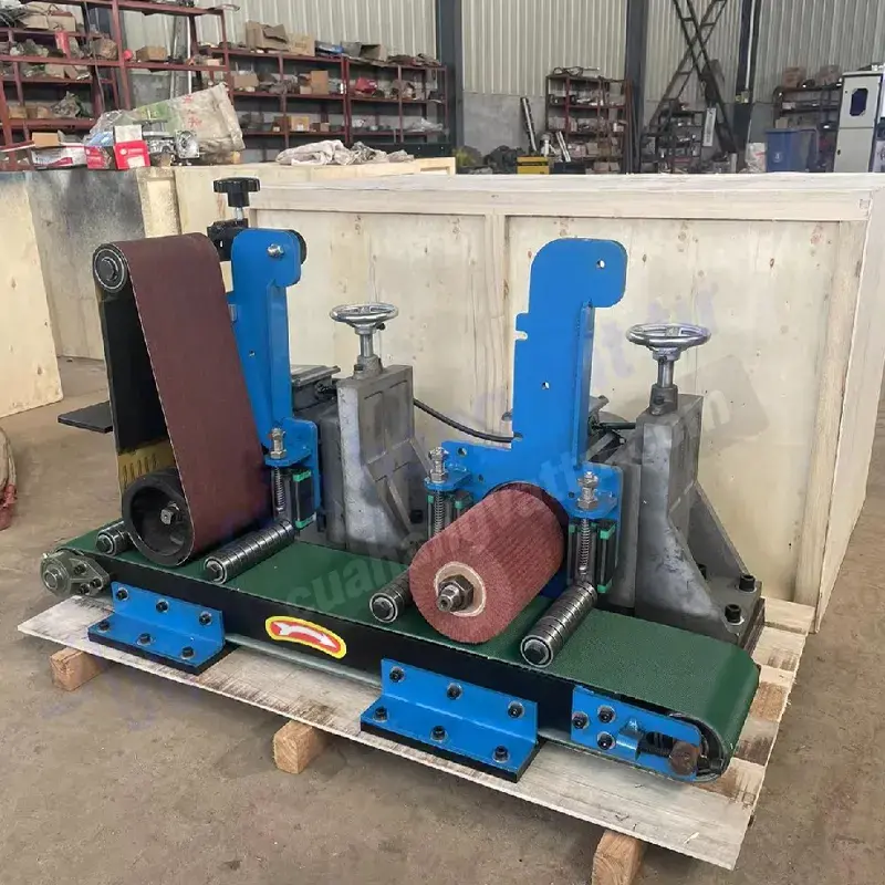 máy mài đai 2 đầu, băng tải cấp phôi